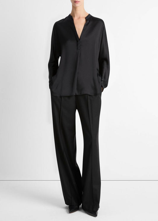 VINCE Women Silk Satin Band-Collar Blouse in Long Sleeve BLACK