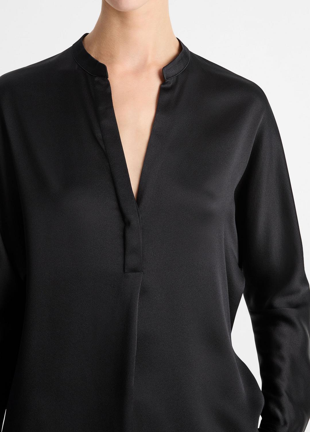 VINCE Women Silk Satin Band-Collar Blouse in Long Sleeve BLACK