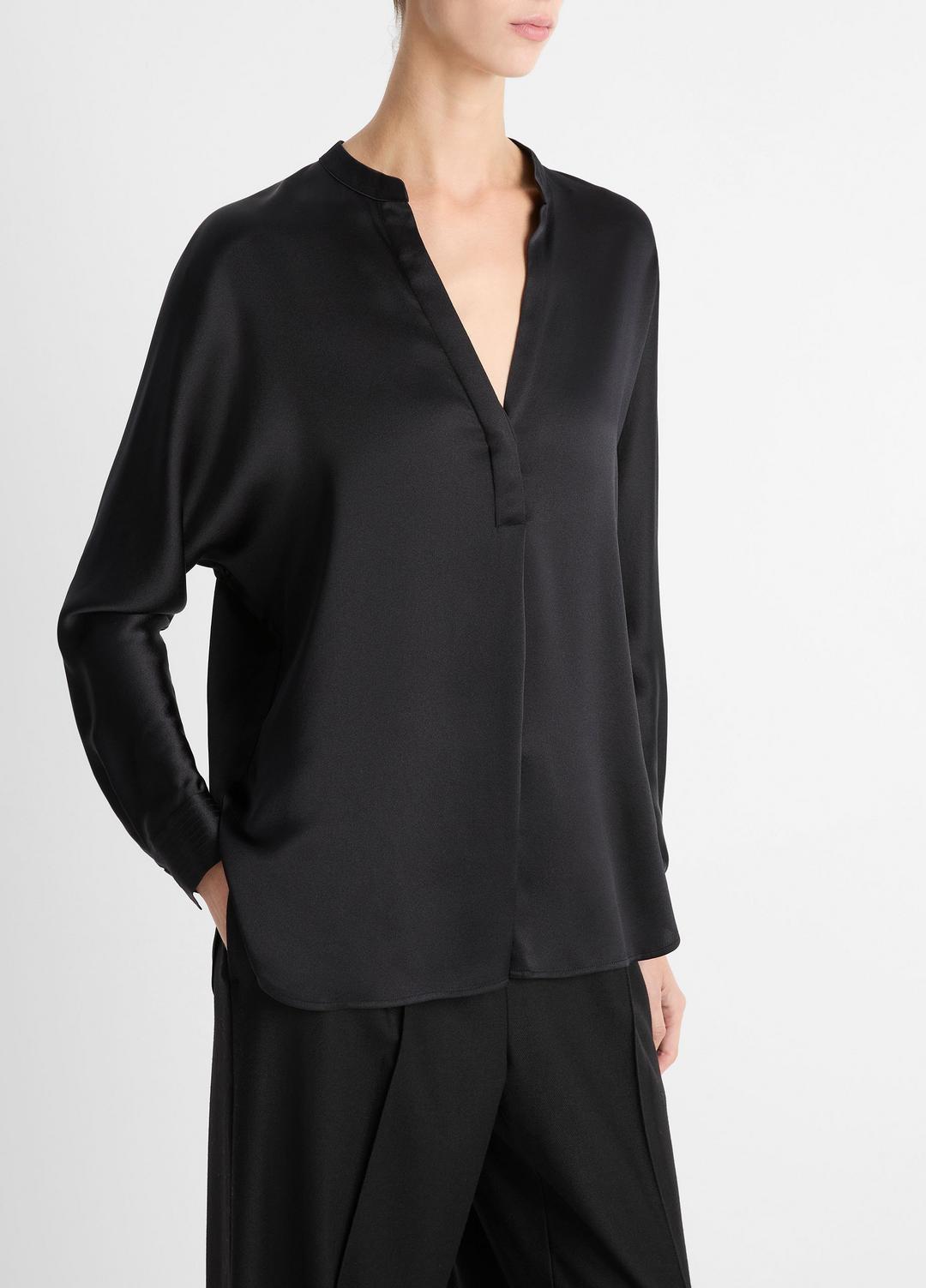 VINCE Women Silk Satin Band-Collar Blouse in Long Sleeve BLACK