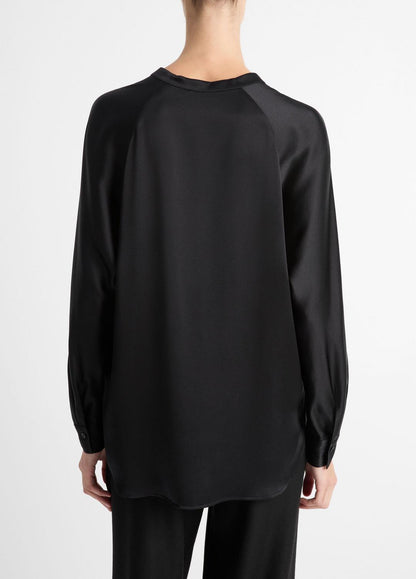 VINCE Women Silk Satin Band-Collar Blouse in Long Sleeve BLACK