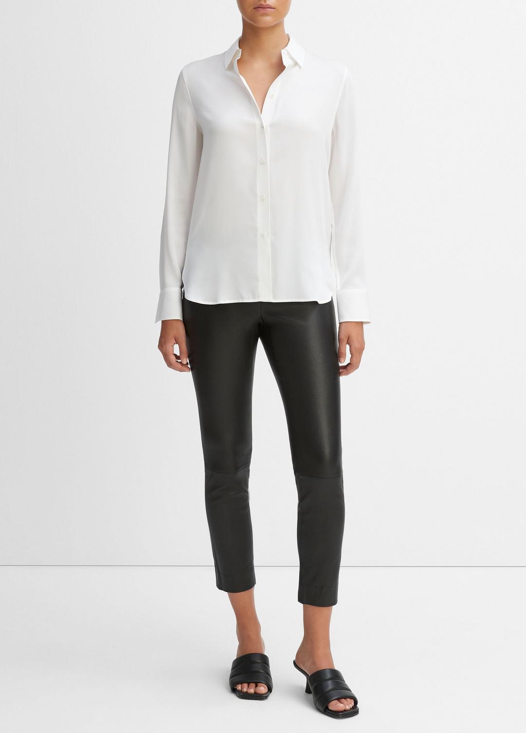 VINCE Women Slim Fitted Stretch-Silk Blouse in Long Sleeve OPTIC WHITE
