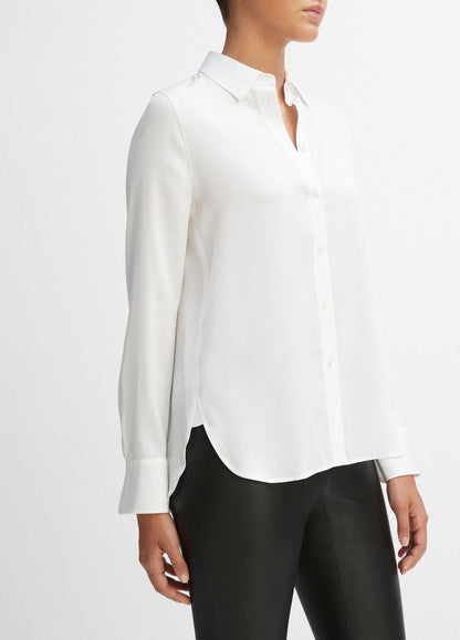 VINCE Women Slim Fitted Stretch-Silk Blouse in Long Sleeve OPTIC WHITE