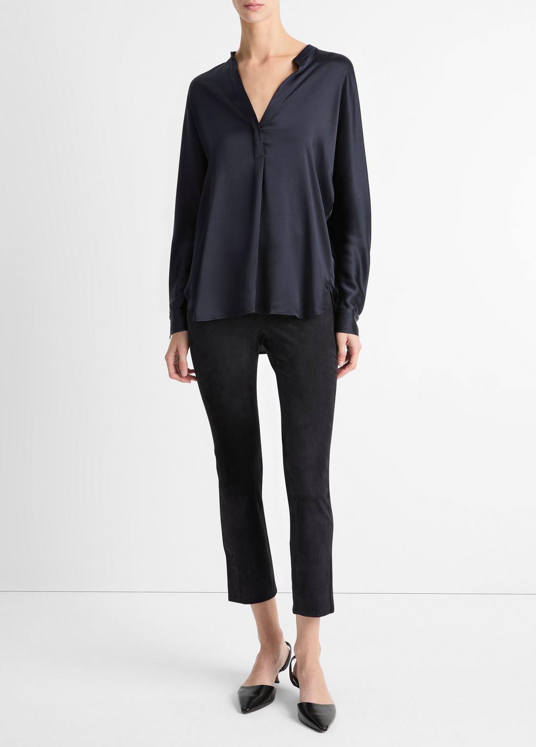 VINCE Women Silk Satin Band-Collar Blouse in Long Sleeve COASTAL BLUE