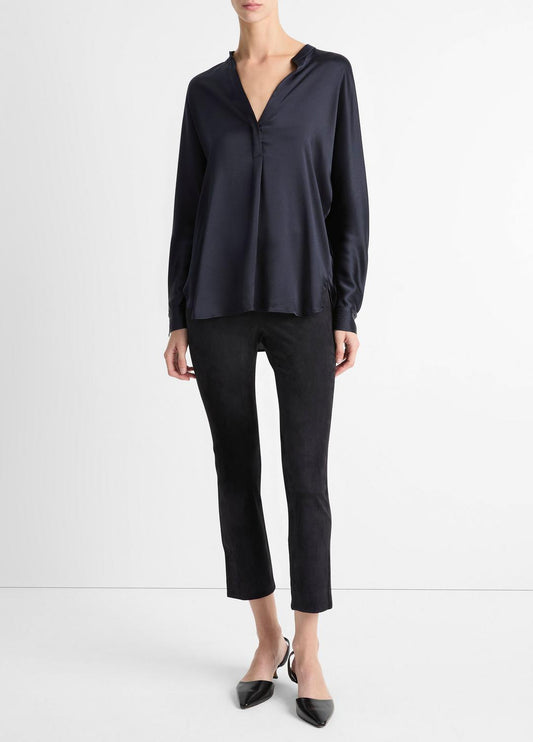 VINCE Women Silk Satin Band-Collar Blouse in Long Sleeve COASTAL BLUE