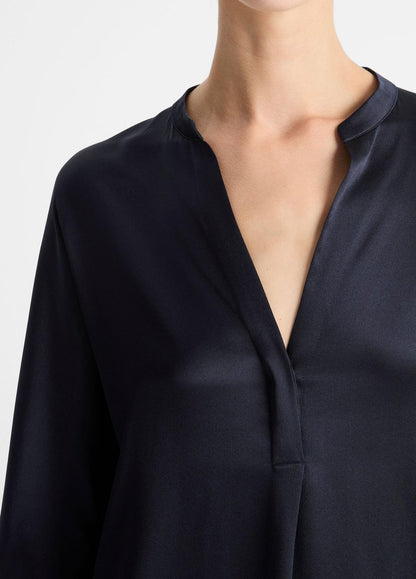 VINCE Women Silk Satin Band-Collar Blouse in Long Sleeve COASTAL BLUE