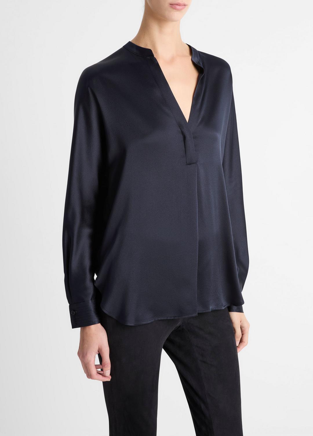 VINCE Women Silk Satin Band-Collar Blouse in Long Sleeve COASTAL BLUE