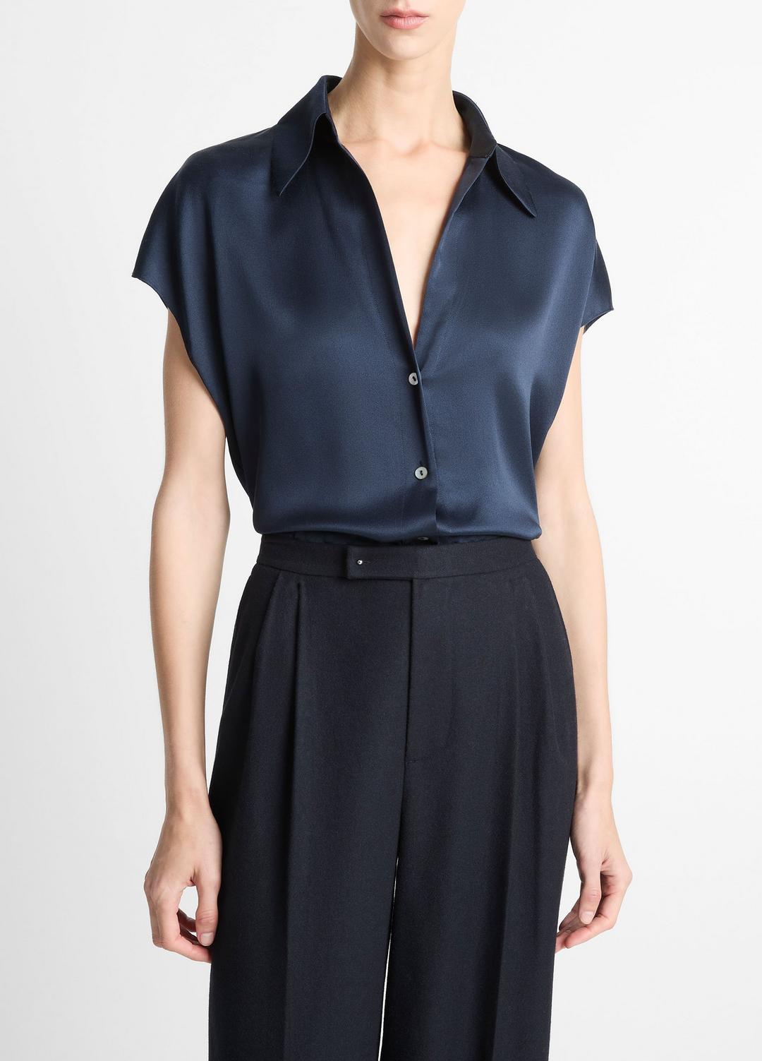 VINCE Women Silk Cap-Sleeve Ruched-Back Blouse in Short Sleeve COASTAL BLUE