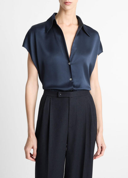 VINCE Women Silk Cap-Sleeve Ruched-Back Blouse in Short Sleeve COASTAL BLUE