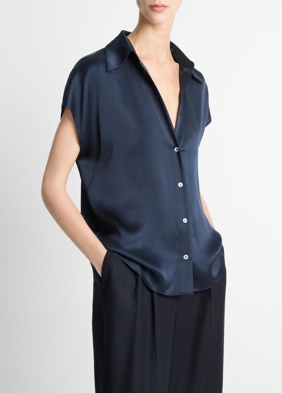 VINCE Women Silk Cap-Sleeve Ruched-Back Blouse in Short Sleeve COASTAL BLUE