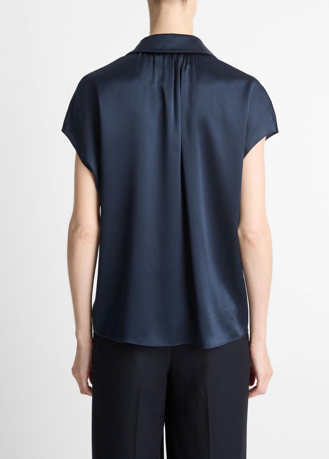 VINCE Women Silk Cap-Sleeve Ruched-Back Blouse in Short Sleeve COASTAL BLUE