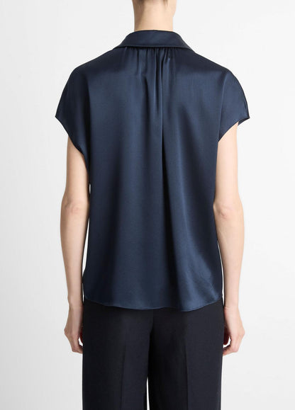 VINCE Women Silk Cap-Sleeve Ruched-Back Blouse in Short Sleeve COASTAL BLUE