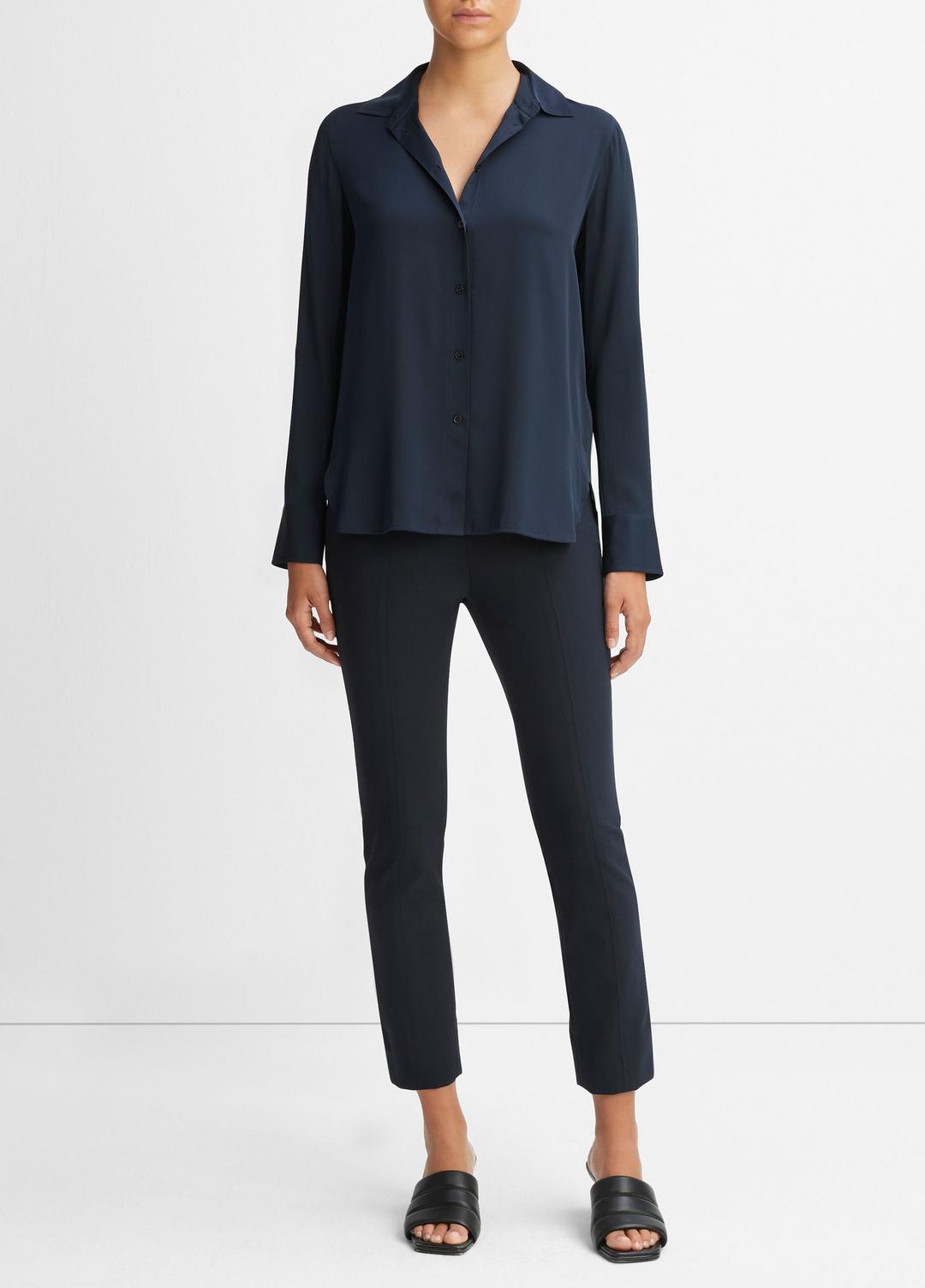 VINCE Women Slim Fitted Stretch-Silk Blouse in Long Sleeve COASTAL BLUE