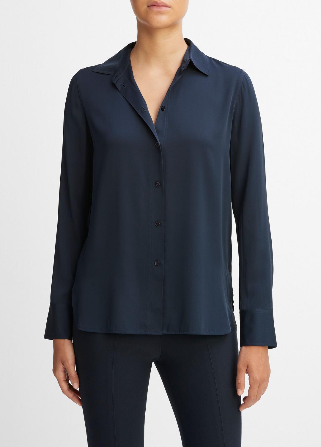 VINCE Women Slim Fitted Stretch-Silk Blouse in Long Sleeve COASTAL BLUE