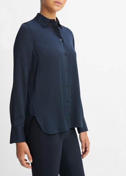 VINCE Women Slim Fitted Stretch-Silk Blouse in Long Sleeve COASTAL BLUE