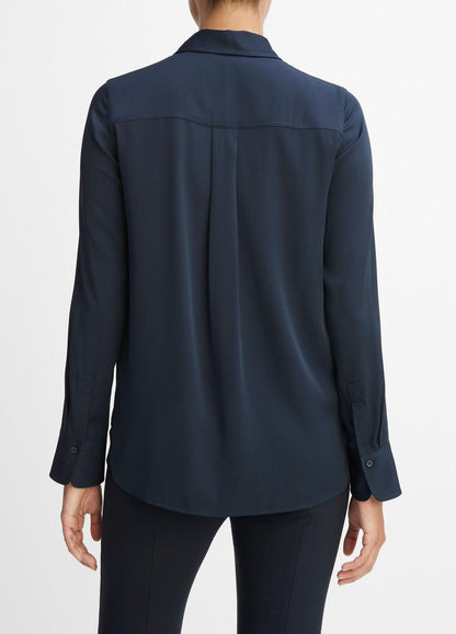 VINCE Women Slim Fitted Stretch-Silk Blouse in Long Sleeve COASTAL BLUE