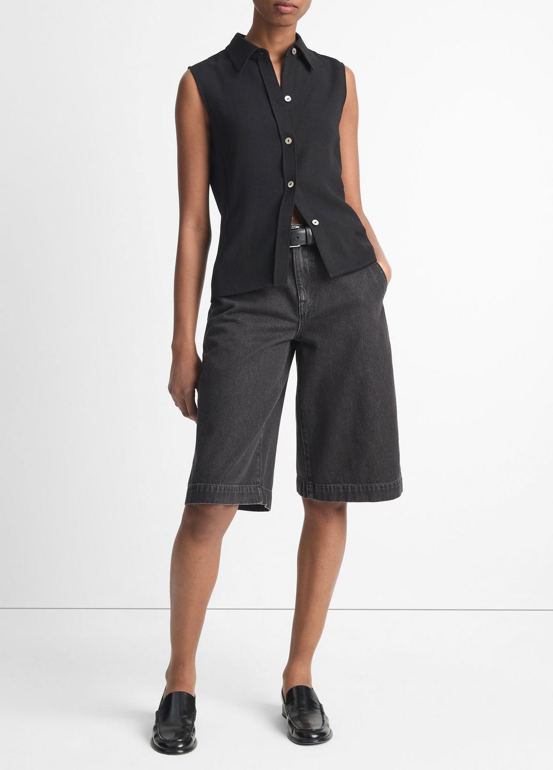 VINCE Women Sleeveless Button-Front Shirt in Short Sleeve BLACK