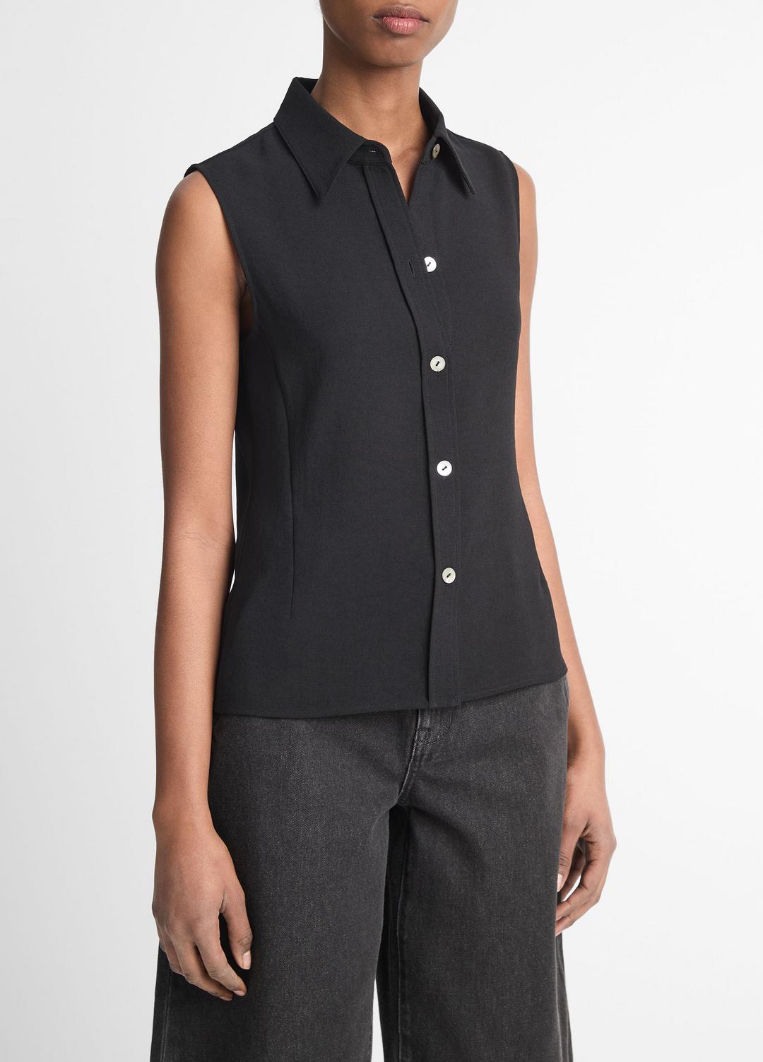 VINCE Women Sleeveless Button-Front Shirt in Short Sleeve BLACK