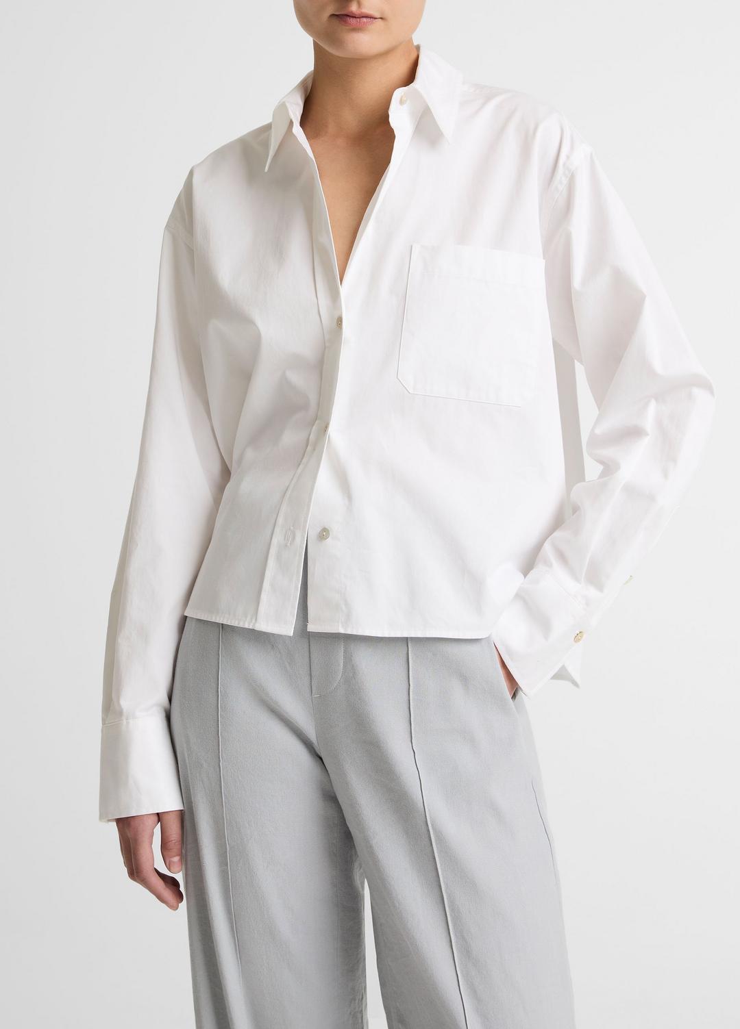 VINCE Women Cotton Cropped Button-Front Shirt  in Long Sleeve OPTIC WHITE