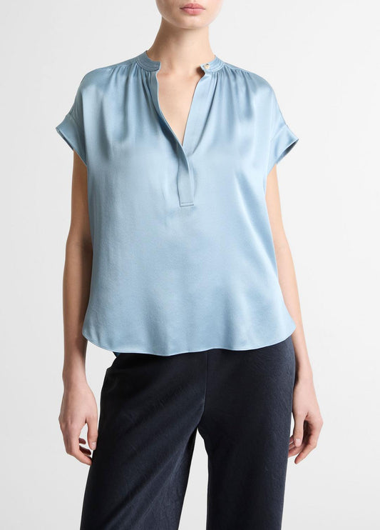 VINCE Women Silk Gathered Cap-Sleeve Blouse in Short Sleeve DEL MAR