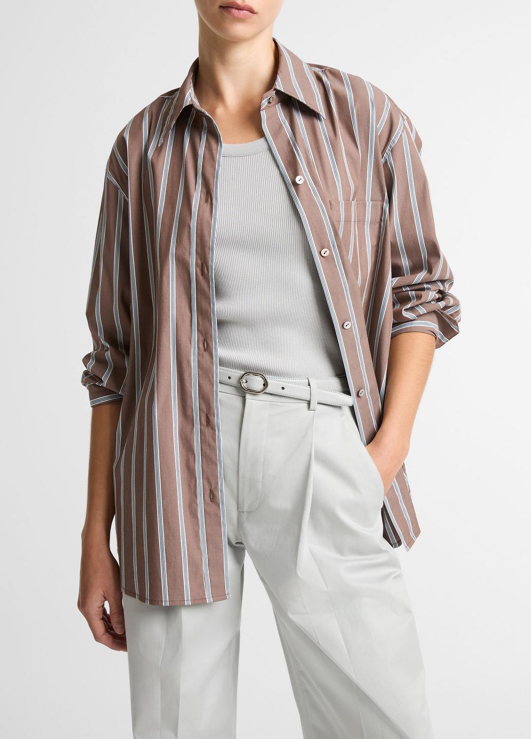 VINCE Women Striped Cotton-Blend Button-Front Shirt in Long Sleeve BROWN MULTI