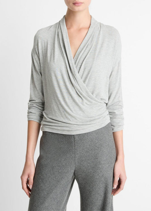 VINCE Women Relaxed Fixed-Wrap Jersey Top in Long Sleeve HEATHER PALE GREY