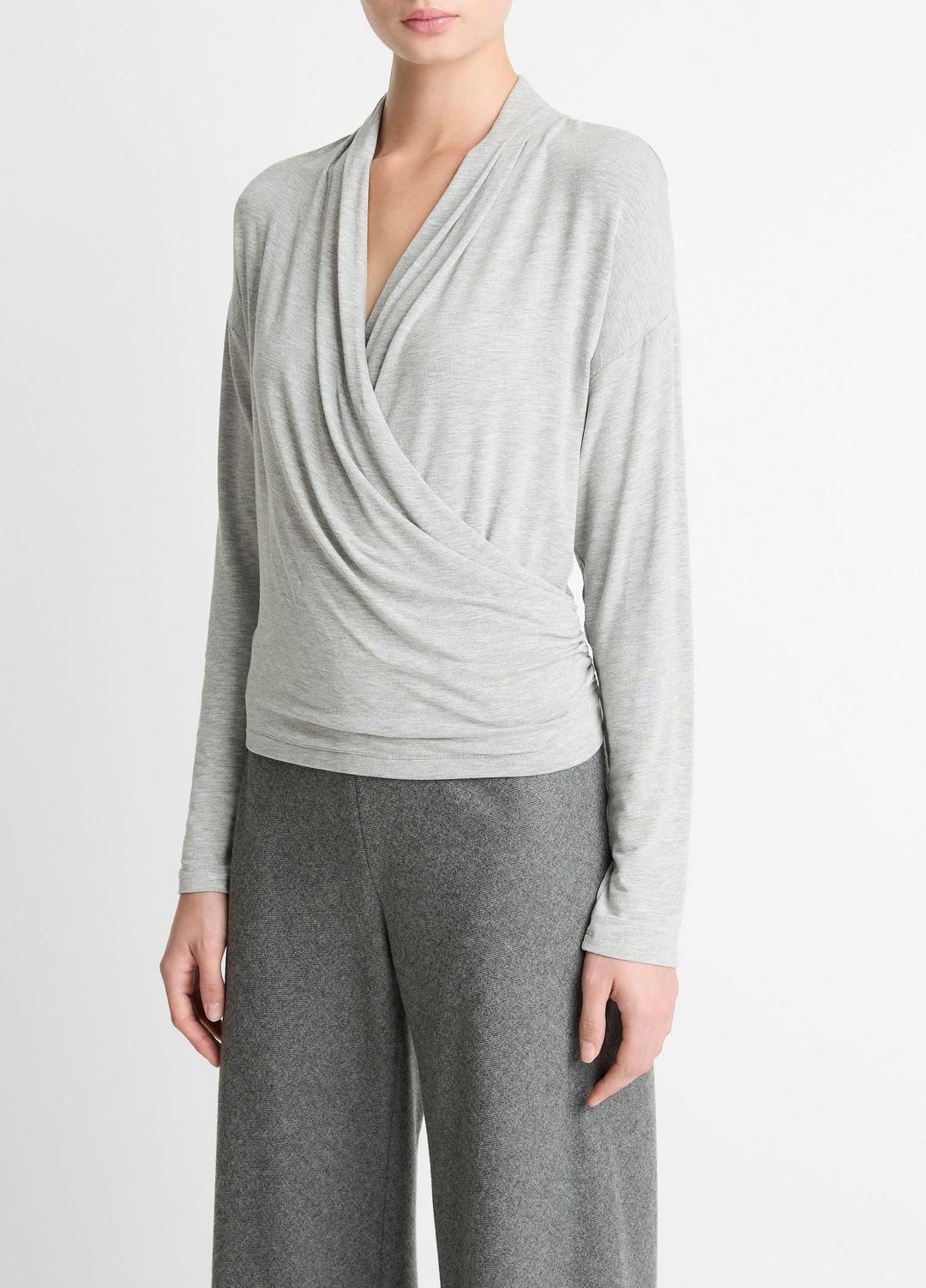 VINCE Women Relaxed Fixed-Wrap Jersey Top in Long Sleeve HEATHER PALE GREY
