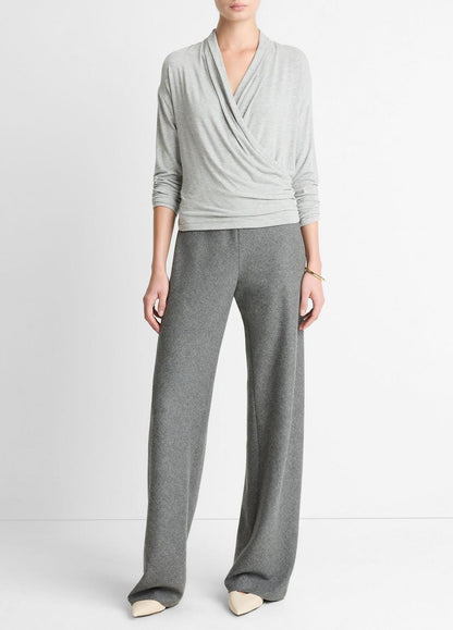 VINCE Women Relaxed Fixed-Wrap Jersey Top in Long Sleeve HEATHER PALE GREY