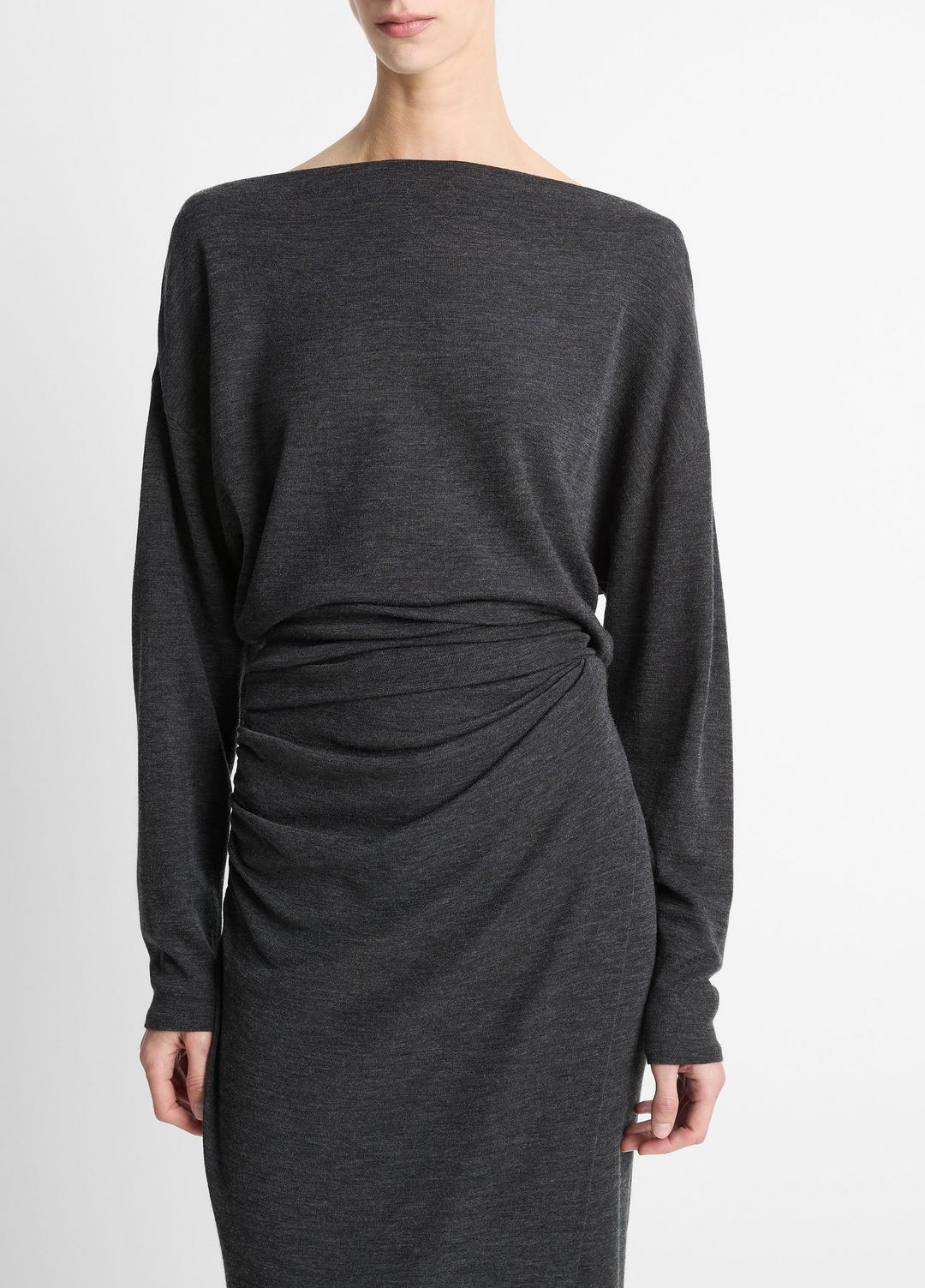 VINCE Women Draped Wool-Blend Slash-Neck Top in Long Sleeve DARK HEATHER GREY