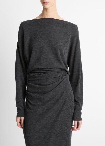 VINCE Women Draped Wool-Blend Slash-Neck Top in Long Sleeve DARK HEATHER GREY