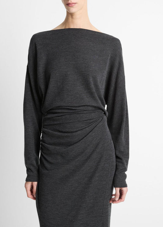 VINCE Women Draped Wool-Blend Slash-Neck Top in Long Sleeve DARK HEATHER GREY