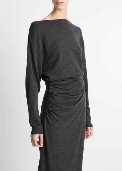 VINCE Women Draped Wool-Blend Slash-Neck Top in Long Sleeve DARK HEATHER GREY