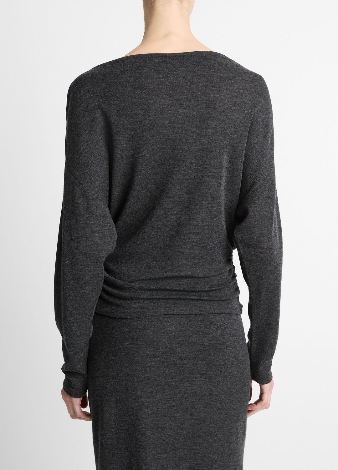 VINCE Women Draped Wool-Blend Slash-Neck Top in Long Sleeve DARK HEATHER GREY