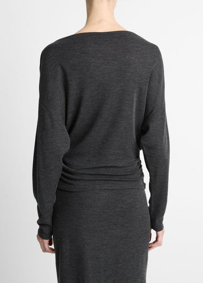 VINCE Women Draped Wool-Blend Slash-Neck Top in Long Sleeve DARK HEATHER GREY