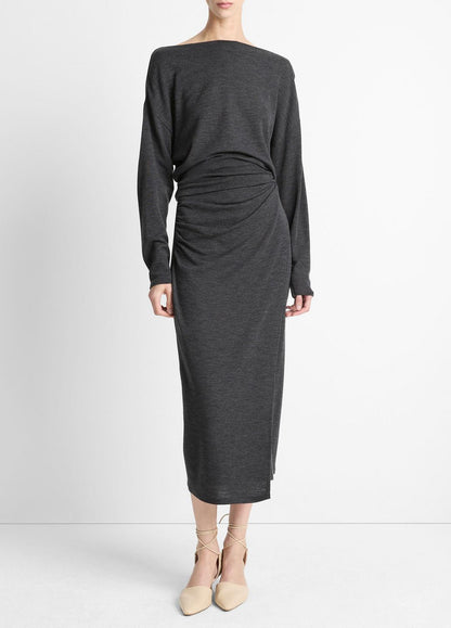 VINCE Women Draped Wool-Blend Slash-Neck Top in Long Sleeve DARK HEATHER GREY