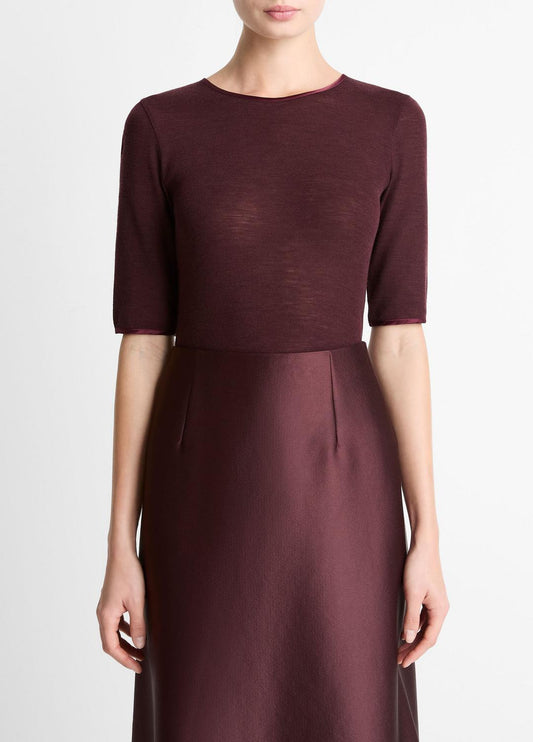 VINCE Women Satin-Trim Wool Elbow-Sleeve T-Shirt in Short Sleeve OXBLOOD