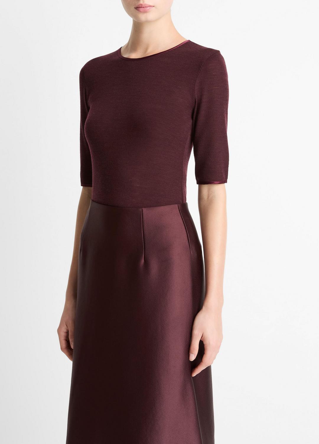 VINCE Women Satin-Trim Wool Elbow-Sleeve T-Shirt in Short Sleeve OXBLOOD