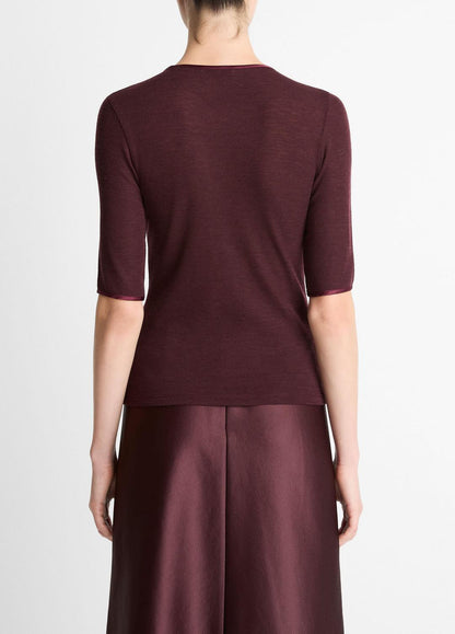 VINCE Women Satin-Trim Wool Elbow-Sleeve T-Shirt in Short Sleeve OXBLOOD