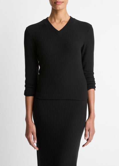 VINCE Women Cozy Rib High V-Neck Top in Long Sleeve BLACK
