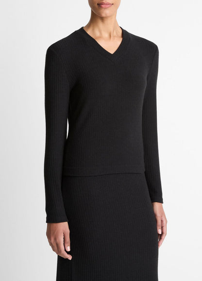 VINCE Women Cozy Rib High V-Neck Top in Long Sleeve BLACK