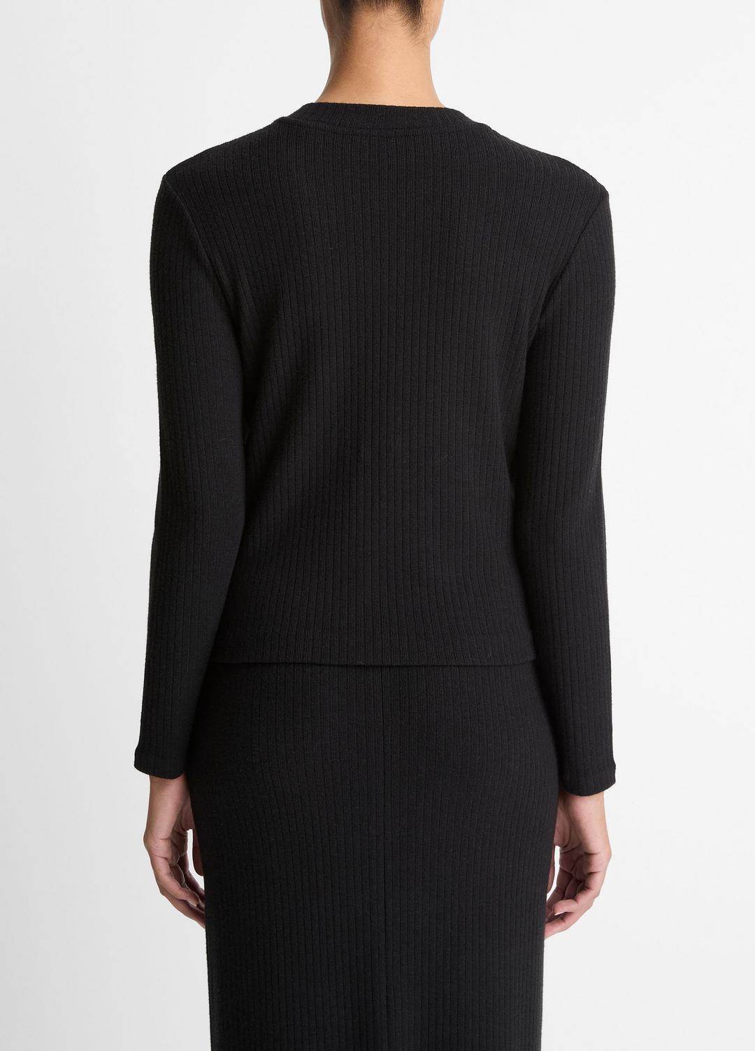 VINCE Women Cozy Rib High V-Neck Top in Long Sleeve BLACK