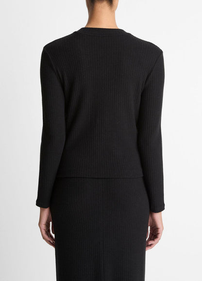 VINCE Women Cozy Rib High V-Neck Top in Long Sleeve BLACK