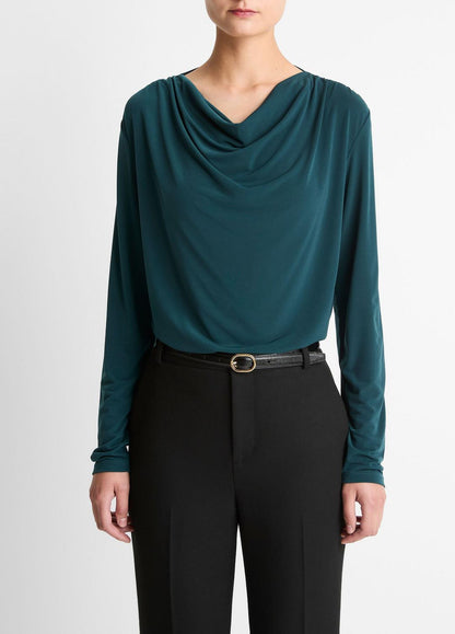 VINCE Women Matte Jersey Cowl-Neck Top in Long Sleeve JUNIPER
