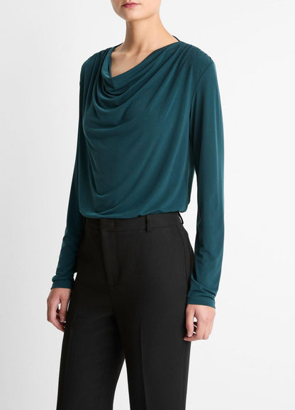 VINCE Women Matte Jersey Cowl-Neck Top in Long Sleeve JUNIPER