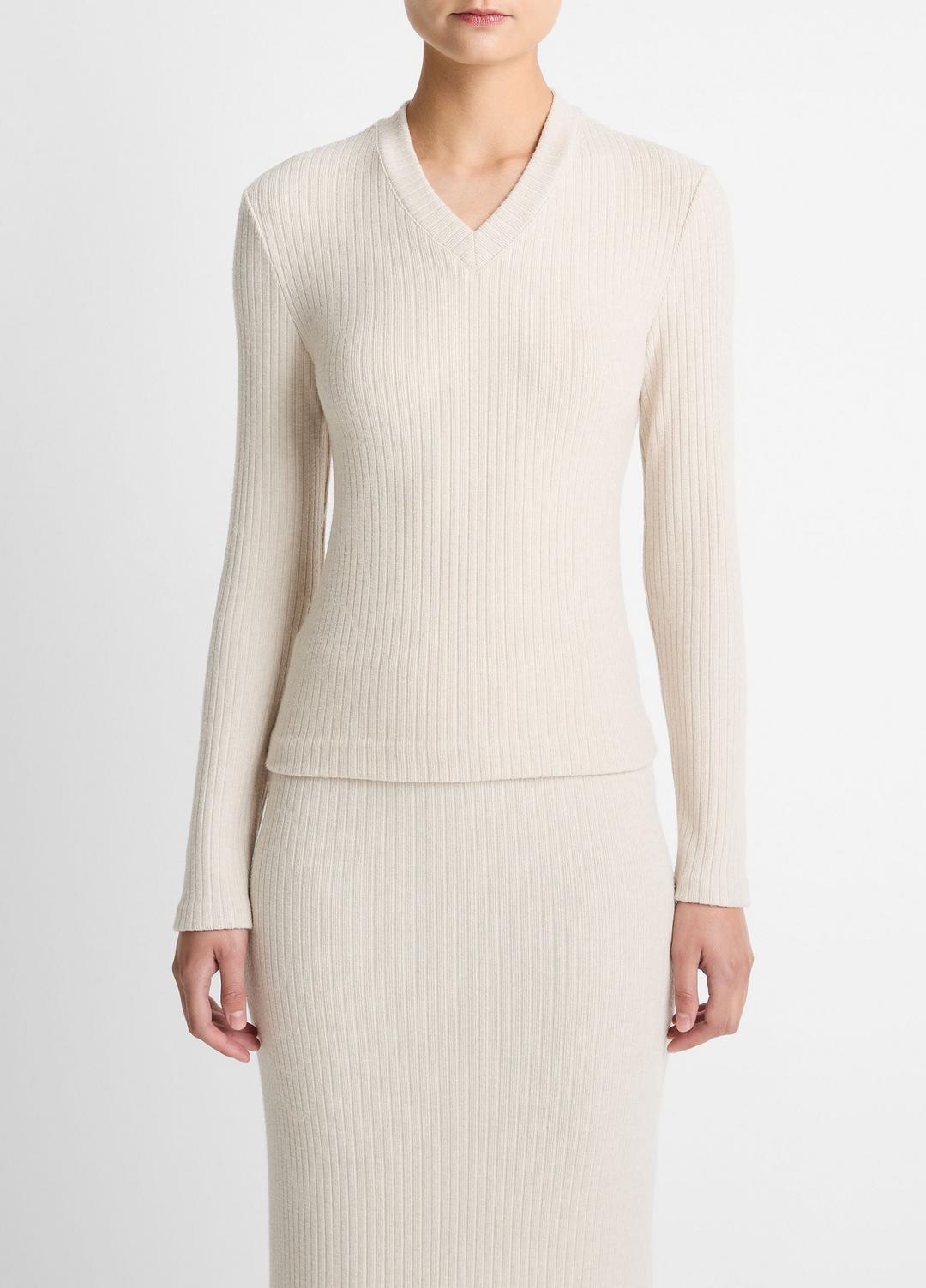 VINCE Women Cozy Rib High V-Neck Top in Long Sleeve HEATHER CREAM OAT