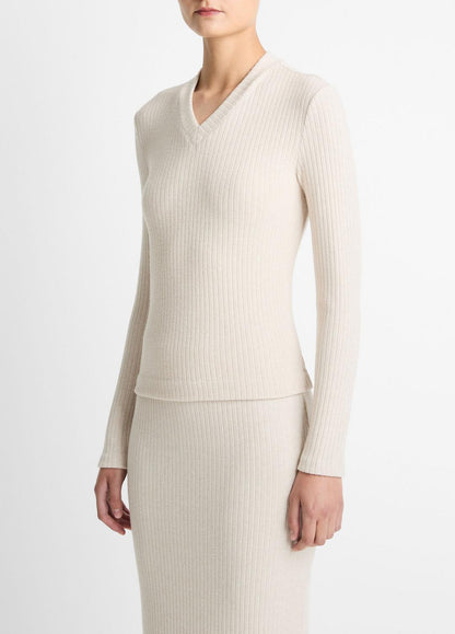 VINCE Women Cozy Rib High V-Neck Top in Long Sleeve HEATHER CREAM OAT