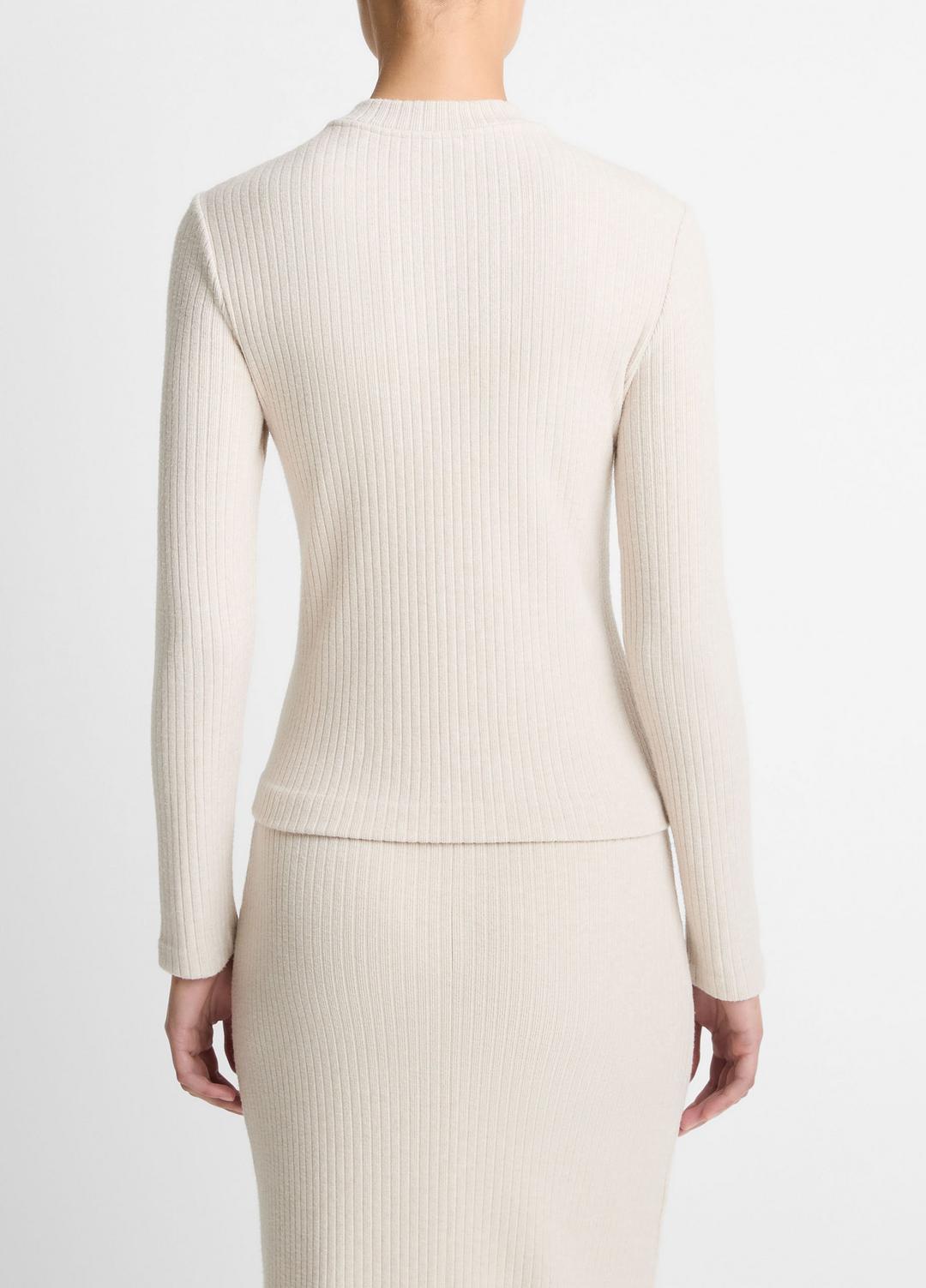 VINCE Women Cozy Rib High V-Neck Top in Long Sleeve HEATHER CREAM OAT