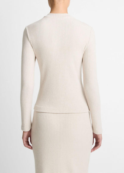 VINCE Women Cozy Rib High V-Neck Top in Long Sleeve HEATHER CREAM OAT