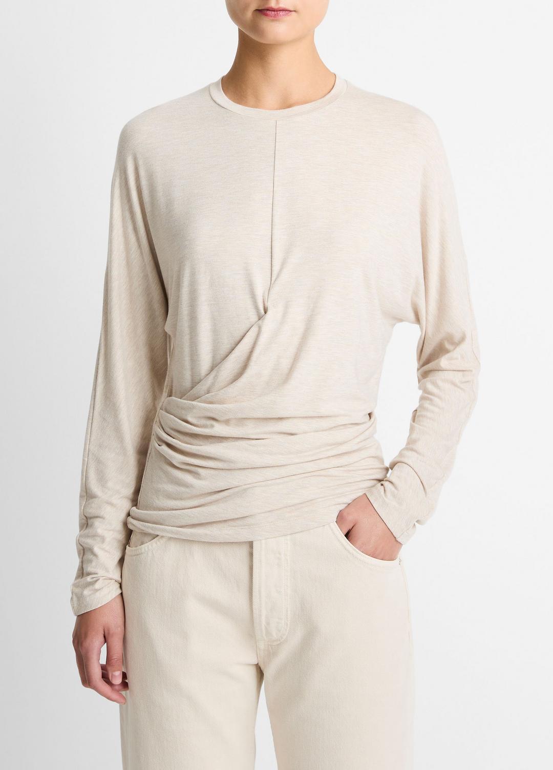 VINCE Women Fixed-Drape Long-Sleeve T-Shirt in Long Sleeve HEATHER CREAM OAT
