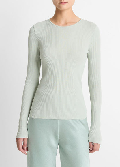 VINCE Women Ribbed Pima Cotton Long-Sleeve T-Shirt in Long Sleeve LIGHT ALOE STONE