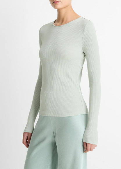 VINCE Women Ribbed Pima Cotton Long-Sleeve T-Shirt in Long Sleeve LIGHT ALOE STONE